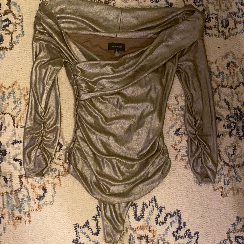 MAJORELLE Cypress Bodysuit Metallic Bronze Taupe Off Shoulder OnePiece Party Top - Picture 9 of 12
